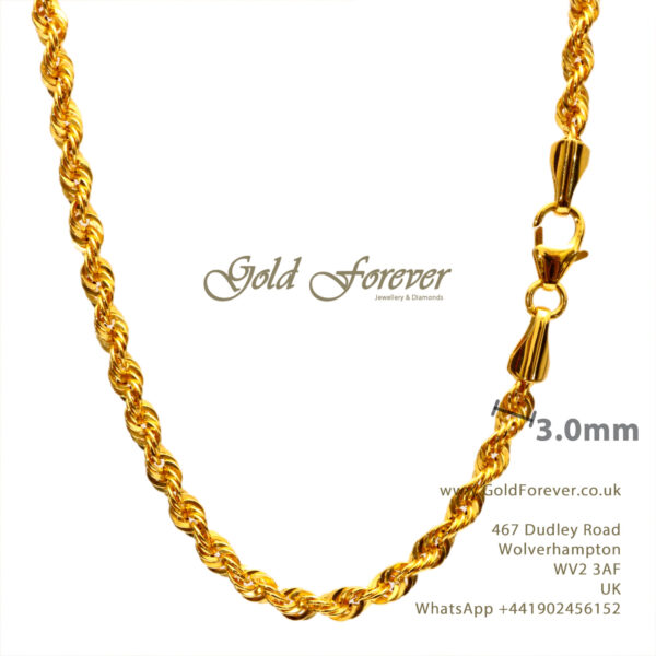 22 Carat Gold Hollow Rope Chain 3mm 18 inch 4.8 Gram