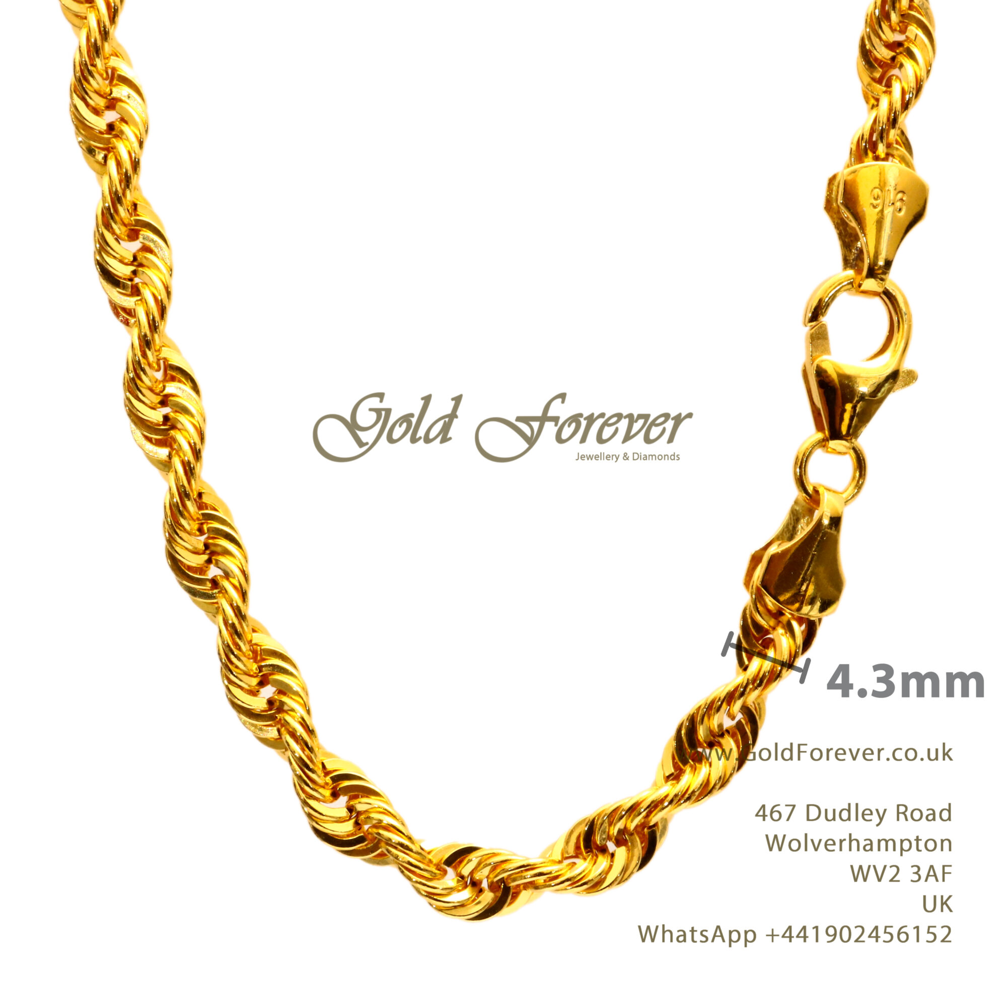 22 Carat Gold Hollow Rope Chain 4.3mm 16 inch 9 Gram | Gold Forever